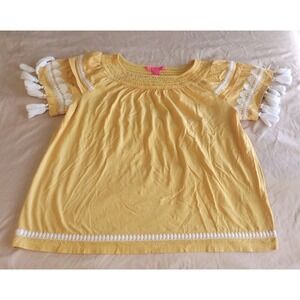 Lilly Pulitzer Nailah Top Women's Small Yellow Tassels Short‎ Sleeve Embroidered